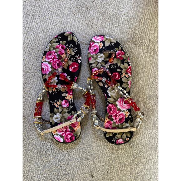 UGSA Beaded Sandals – Size 8‎ Floral Wrap Ankle Boho Red White Statement Shoes - Picture 2 of 5